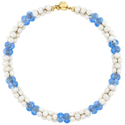 Lot 239 - Gold, Cultured Pearl and Blue Glass Slide Necklace, Marina B
