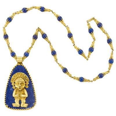 Lot 376 - Gold and Sodalite Mayan Figural Pendant with Gold and Lapis Lazuli Bead Chain Necklace