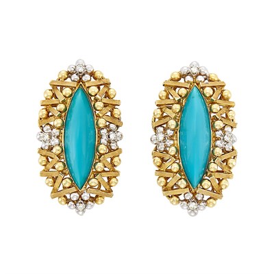 Lot 159 - Pair of Two-Color Gold, Turquoise and Diamond Earclips