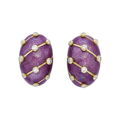 Lot 397 - Pair of Gold, Purple Paillonné Enamel and Diamond Earclips, Tiffany & Co., Schlumberger, France