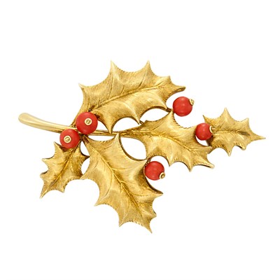 Lot 85 - Gold and Coral Holly Leaf Pin, Tiffany & Co.