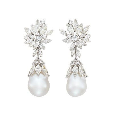 Lot 348 - Pair of Platinum, South Sea Cultured Pearl and Diamond Pendant-Earrings, France