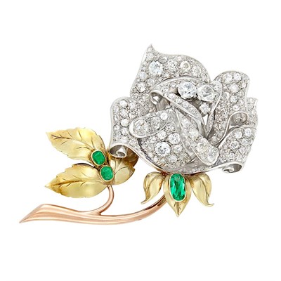 Lot 381 - Platinum, Two-Color Gold, Emerald and Diamond Rose Clip-Brooch