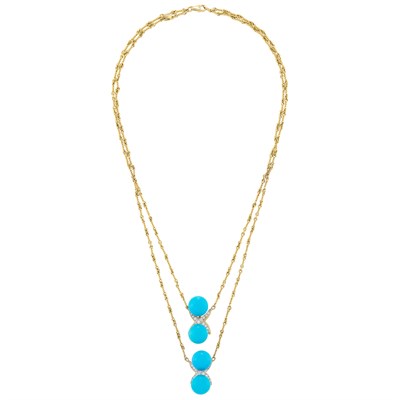 Lot 160 - Two-Color Gold, Turquoise and Diamond Chain Necklace