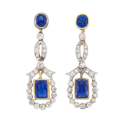 Lot 3 - Pair of Edwardian Platinum-Topped Gold, Sapphire and Diamond Pendant-Earrings