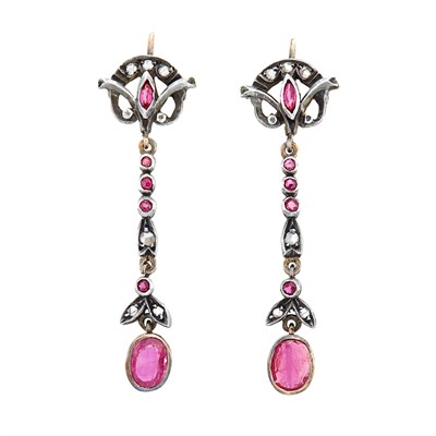 Lot 48 - Pair of Antique Silver, Low Karat Gold, Ruby and Diamond Pendant-Earrings