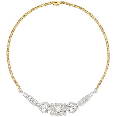 Lot 173 - Platinum, Gold, Diamond and Cultured Pearl Necklace