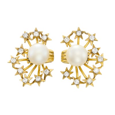 Lot 271 - Pair of Two-Color Gold, Cultured Pearl and Diamond Earclips