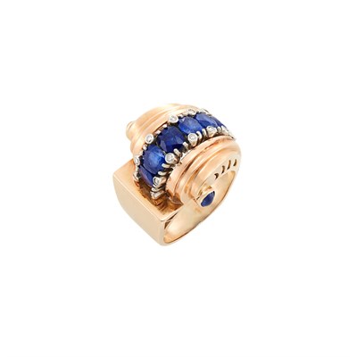 Lot 201 - Retro Rose Gold, Platinum, Sapphire and Diamond Scroll Ring