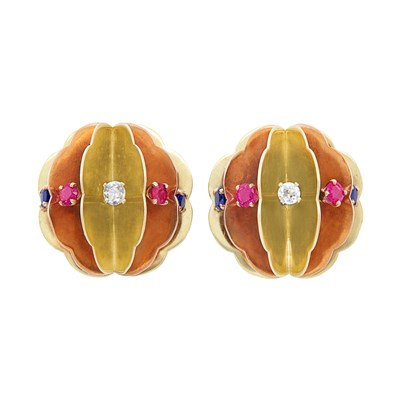 Lot 204 - Pair of Retro Tri-Color Gold, Diamond, Ruby and Sapphire Accordion Earclips