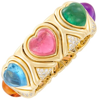 Lot 368 - Gold, Multicolored Cabochon Gem-Set and Diamond Bangle Bracelet, Bulgari