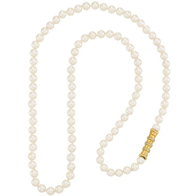 Lot 305 - Long Cultured Pearl Necklace with Gold and Diamond Clasp, Mikimoto