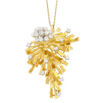Lot 301 - Two-Color Gold and Diamond 'En Tremblant' Pendant-Brooch with Chain