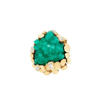 Lot 258 - Gold, Synthetic Emerald Crystal and Diamond Ring, Ruser