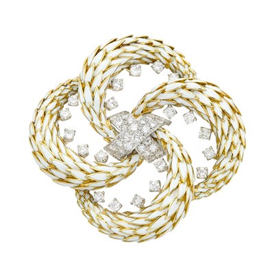 Lot 388 - Platinum, Gold, White Enamel and Diamond Clip-Brooch, David Webb