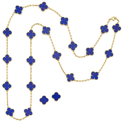 Lot 392 - Long Gold and Lapis Lazuli 'Alhambra' Necklace and Pair of Earrings, Van Cleef & Arpels, France