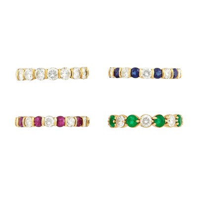 Lot 273 - Four Gold, Diamond, Sapphire, Ruby and Emerald Band Rings, Tiffany & Co.