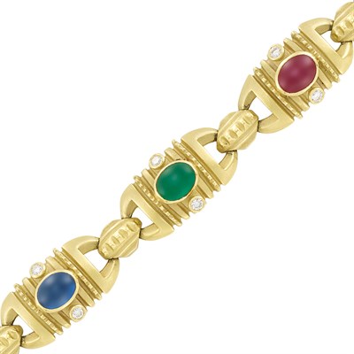 Lot 157 - Gold, Cabochon Gem-Set and Diamond Bracelet