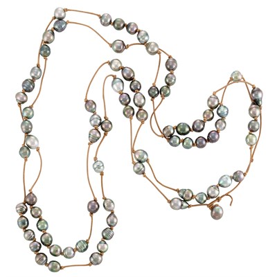 Lot 71 - Long Tahitian Black and Grey Cultured Pearl and Leather Necklace