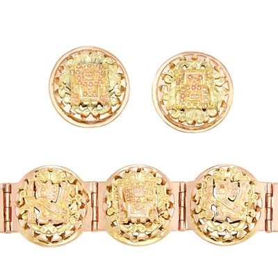 Lot 79 - Two-Color Gold Link Bracelet and Pair of Earclips