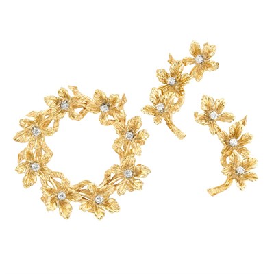 Lot 215 - Two-Color Gold and Diamond Floral Wreath Brooch and Pair of Earclips