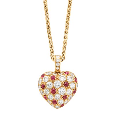 Lot 534 - Gold, Diamond and Cabochon Ruby Heart Pendant, Cartier, with Chain Necklace