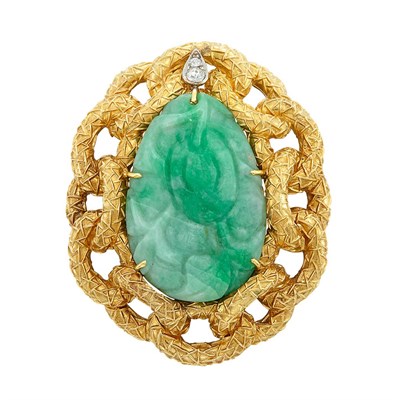 Lot 614 - Gold, Platinum, Carved Jade and Diamond Pendant-Brooch, Wander, France