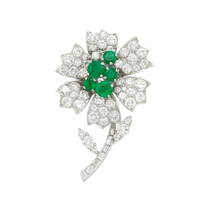 Lot 167 - Platinum, Diamond and Emerald Flower Brooch, McTeigue