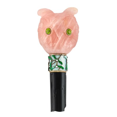 Lot 400 - Antique Gold, Silver, Metal, Carved Rose Quartz, Guilloché Enamel and Peridot Owl Cane Handle
