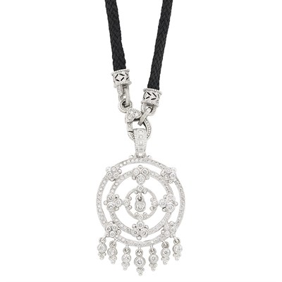 Lot 47 - White Gold and Diamond Pendant-Necklace with Cord, Attributed to Judith Ripka