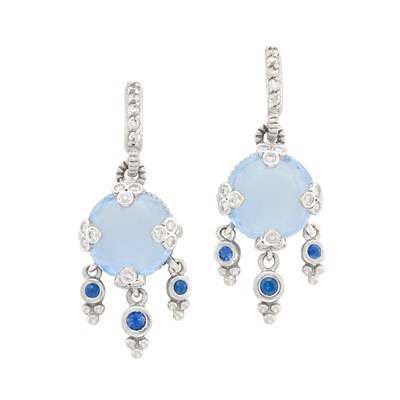 Lot 426 - Pair of White Gold, Blue Quartz, Sapphire and Diamond Pendant-Earrings, Attributed to Judith Ripka