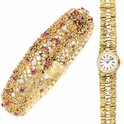 Lot 81 - Gold, Ruby and Diamond Bracelet and Gold Wristwatch