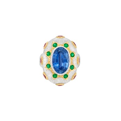 Lot 195 - Two-Color Gold Sapphire, Emerald and Ruby Ring, Buccellati