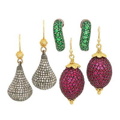 Lot 417 - Three Pairs of Gold, Blackened Gold, Diamond, Ruby and Green Garnet Earrings