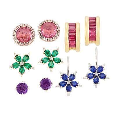 Lot 530 - Pair of Gold and Ruby Earrings, Poiray, France, and Four Pairs of Gem-Set and Diamond Earrings