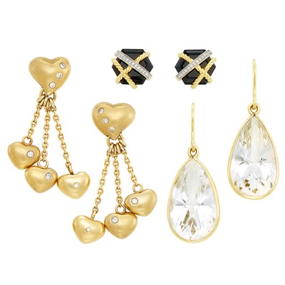 Lot 339 - Pair of Two-Color Gold, Black Onyx and Diamond Earrings, David Yurman, Gold and Diamond Pendant-Earrings and Rock Crystal Earrings
