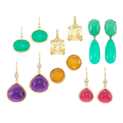 Lot 515 - Five Pairs of Gold, Gem-Set and Green Chrysoprase Earrings and Silver-Gilt and Yellow Stone Earrings