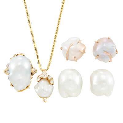 Lot 484 - Group of Gold, Baroque Cultured Pearl and Diamond Jewelry and Pair of Baroque Freshwater Pearl Earrings
