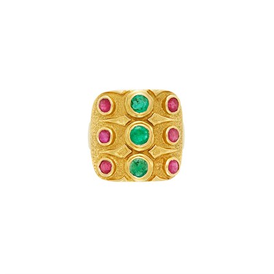 Lot 367 - Gold, Emerald and Ruby Ring, Ilias Lalaounis