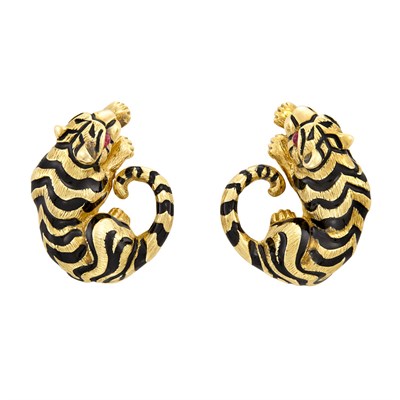 Lot 367 - Pair of Gold, Enamel and Ruby Tiger Earclips, David Webb
