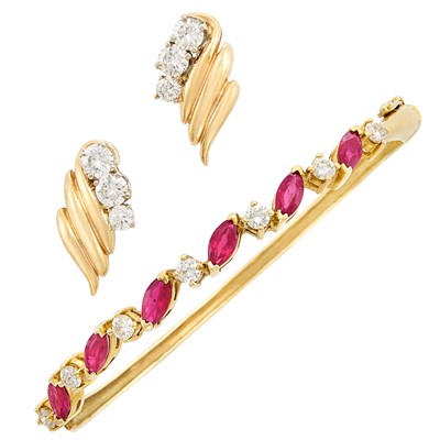 Lot 62 - Gold, Diamond and Ruby Bangle Bracelet and Pair of Two-Color Gold and Diamond Earrings