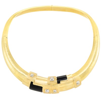 Lot 366 - Gold Collar Necklace with Two-Color Gold, Diamond and Black Onyx Slide, Kris Clark