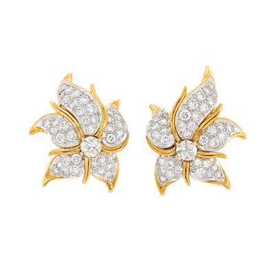 Lot 596 - Pair of Two-Color Gold and Diamond Earclips