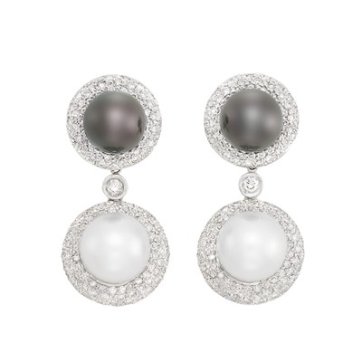 Lot 57 - Pair of White Gold, Tahitian Black and South Sea Cultured Pearl and Diamond Pendant-Earrings