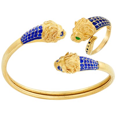 Lot 31 - Gold and Blue Enamel Animal Head Bangle Bracelet and Ring