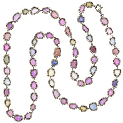 Lot 68 - Long Silver, Multicolored Sapphire and Diamond Necklace