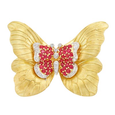 Lot 600 - Two-Color Gold, Ruby and Diamond Butterfly Clip-Brooch, Valentin Magro