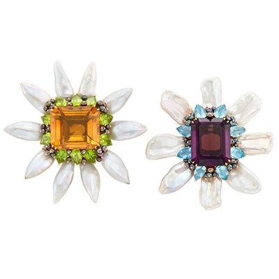 Lot 664 - Pair of Gold, Freshwater Pearl and Gem-Set Flower Clip-Brooches, Valentin Magro
