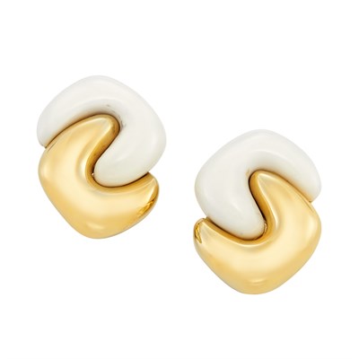 Lot 7 - Pair of Gold and White Agate Earclips, Valentin Magro