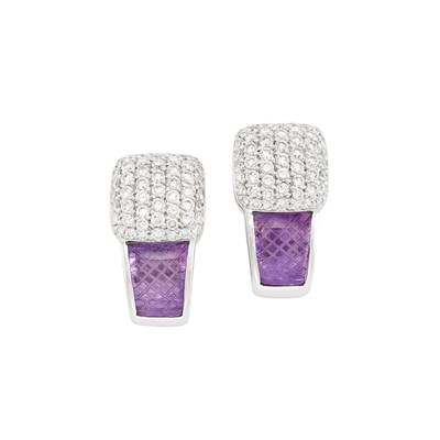 Lot 72 - Pair of White Gold, Diamond and Carved Amethyst Earclips
